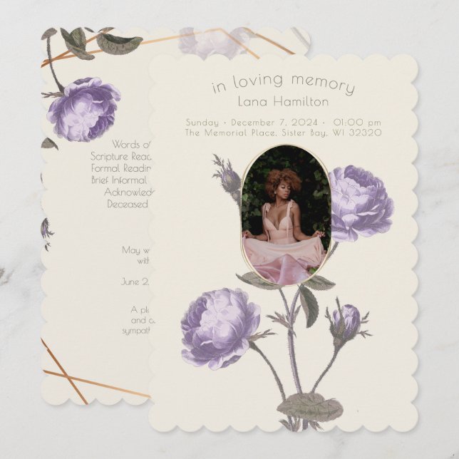 Programa de funerales Vintage Purple/Green Floral  (Anverso / Reverso)