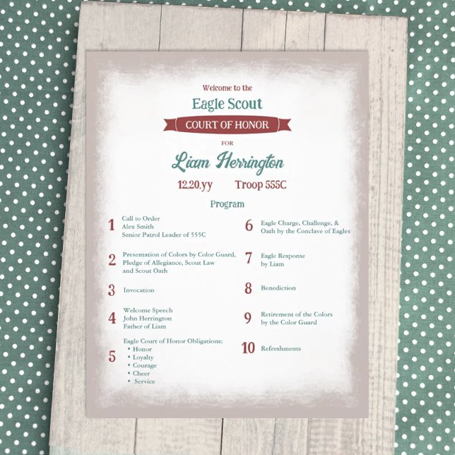 Programa de Honor Verde Turquesa, Águila Burgundy  (teal green and burgundy red eagle scout court of honor party ceremony program, event flyer)