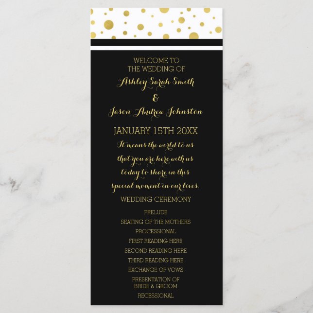 Programa de la Boda Blanca Negra de Confetti Gold (Anverso)