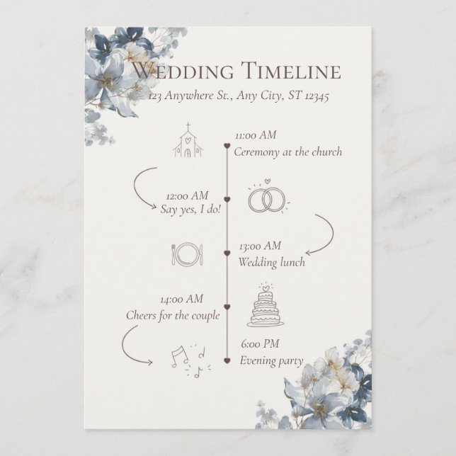 Programa de la boda de flores azules y calendario  (Anverso)