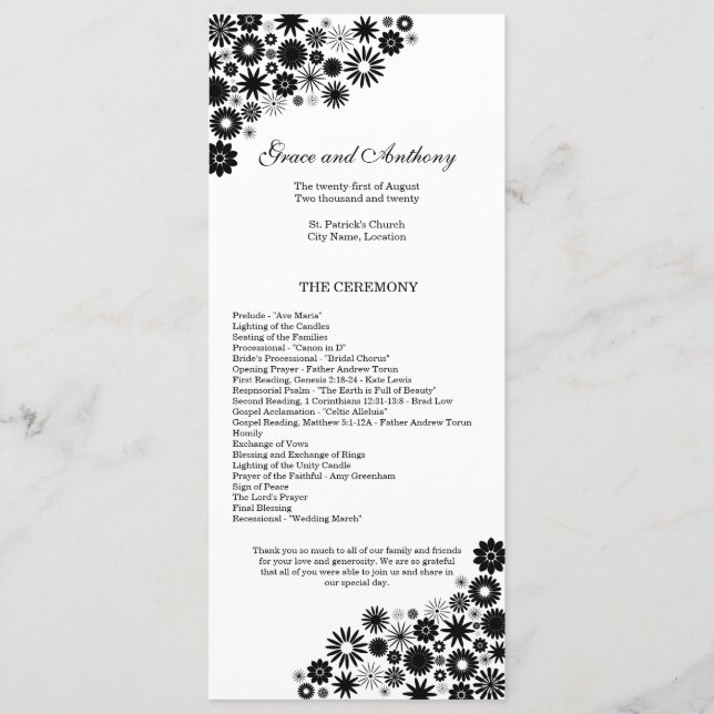 Programa de la Boda Negra de bonitos Florales (Reverso)