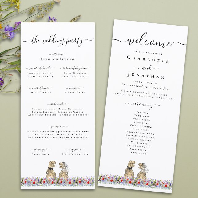 Programa de la Ceremonia de Boda con Tema de Dinos (T-Rex bride and groom funny dinosaur wedding ceremony program card Boho watercolor wildflower meadow)