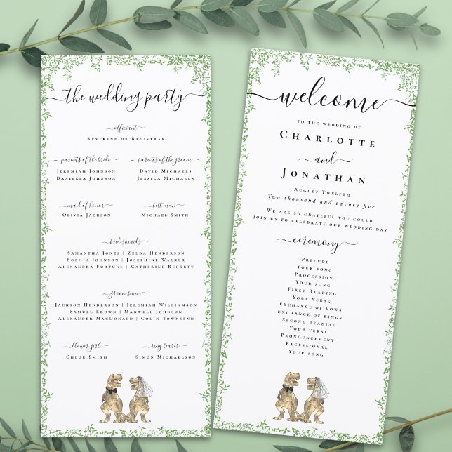 Programa de la Ceremonia de Boda con Tema de Dinos (T-Rex bride and groom funny dinosaur wedding ceremony program card Watercolor foliage elegant script)