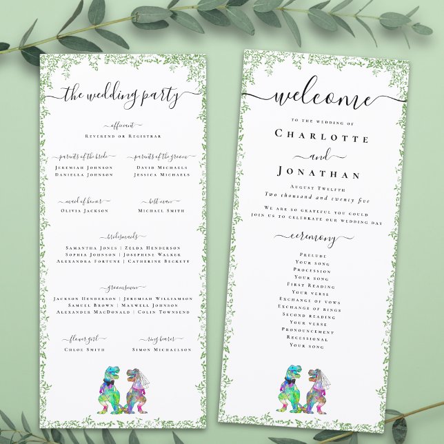Programa de la Ceremonia de Boda de la Novia y el  (T-Rex bride and groom funny dinosaur wedding ceremony program card watercolor foliage colorful dino)