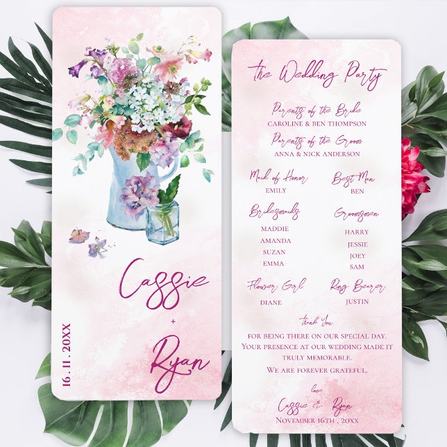 Programa de la Fiesta de la Boda de Flores Silvest (Watercolor Floral Wildflower Wedding Party Program)