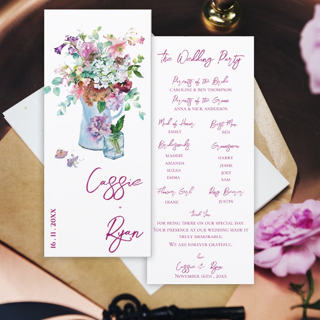Programa de la Fiesta de la Boda de Flores Silvest (Watercolor Floral Wildflower Wedding Party Program)