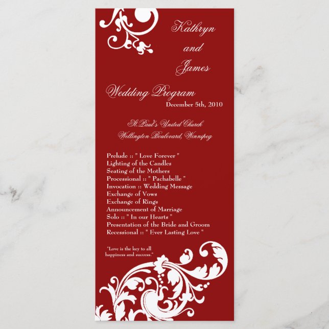 Programa de matrimonio 4x9 Crimson Red Floral Fili (Anverso)
