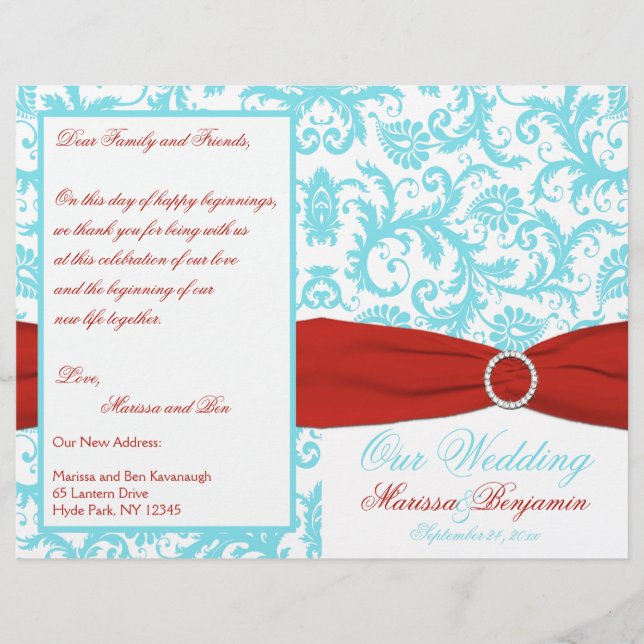 Programa de matrimonio Aqua, White y Red Damask (Anverso)