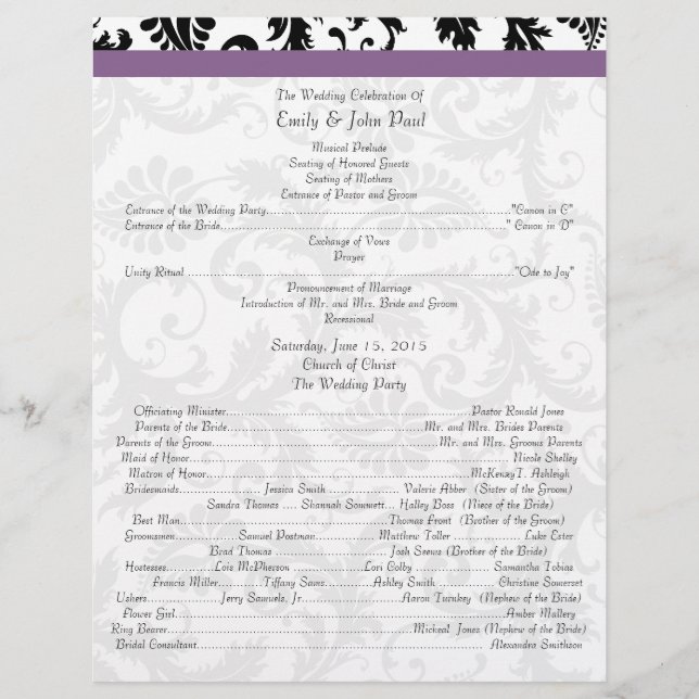 Programa de matrimonio Black Damak Swirls (Anverso)