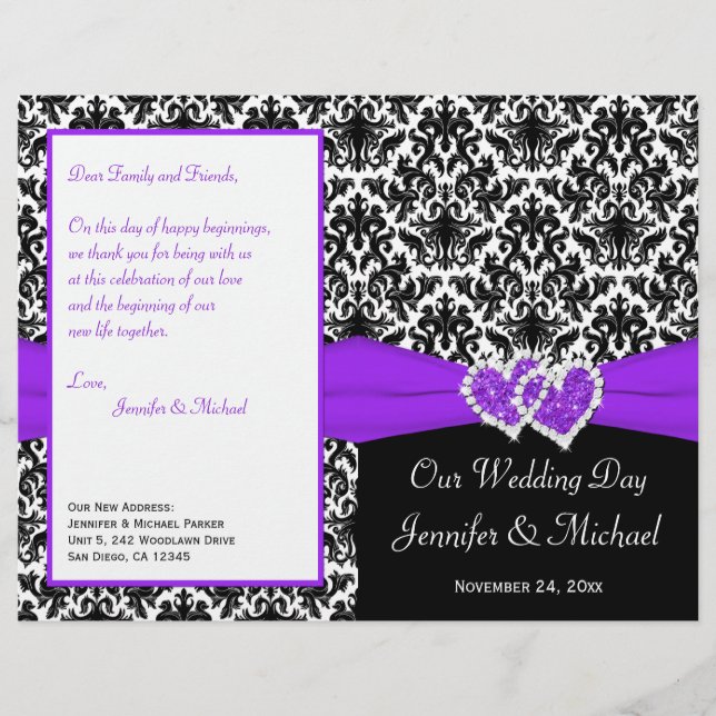 Programa de matrimonio Black White Purple Damask H (Anverso)
