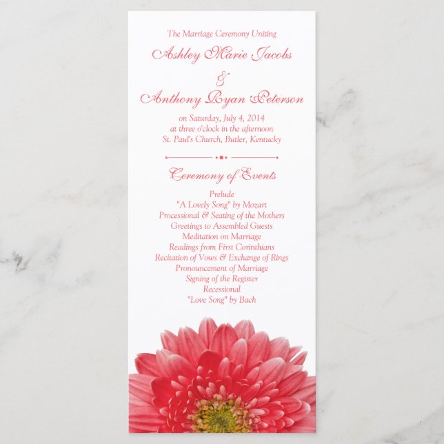 Programa de matrimonio blanco Coral Gerbera Daisy (Anverso)