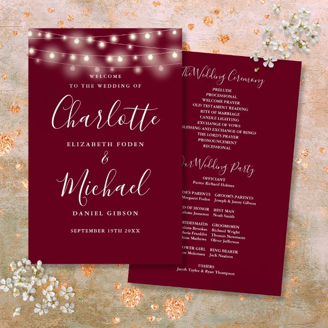 Programa de matrimonio Burgundy String Lights (Burgundy String Lights Wedding Program)