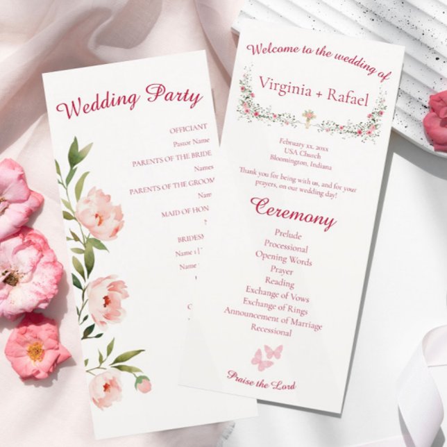 Programa de matrimonio cristiano con crema floral  (Rose Watercolor Elegant Floral Christian Wedding Program Card)