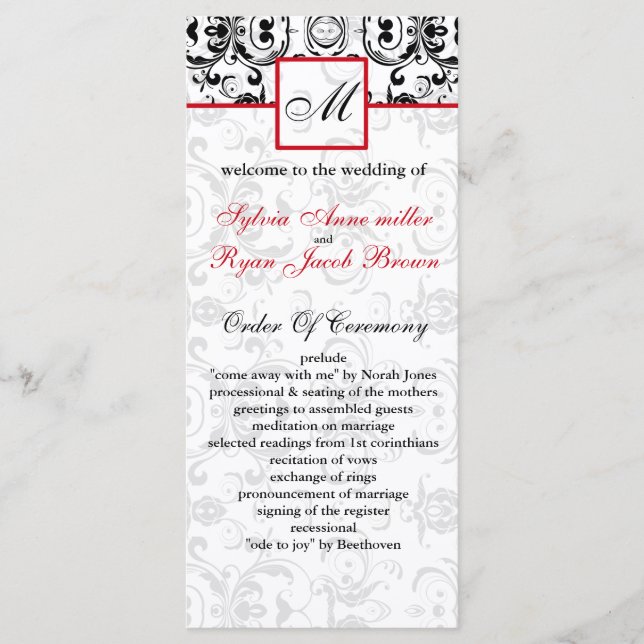 Programa de matrimonio Damask black red MONOGRAM (Anverso)