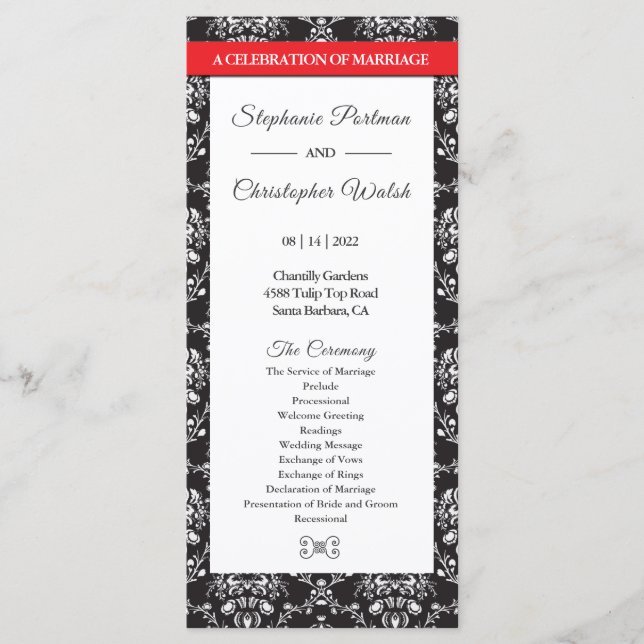 Programa de matrimonio Damask Black Red Stripe (Anverso)