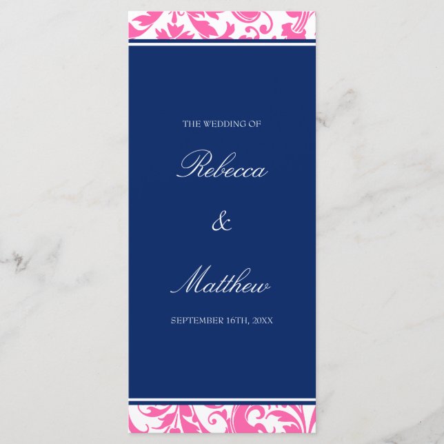 Programa de matrimonio Damask de Navy Blue and Pin (Anverso)