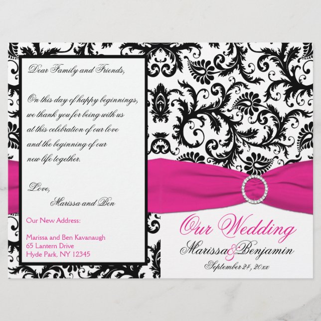 Programa de matrimonio Damask en negro, blanco y f (Anverso)
