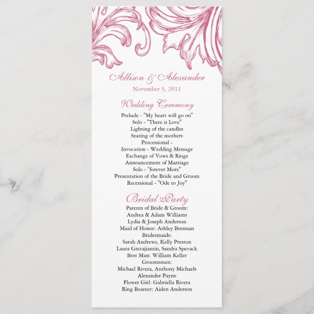 Programa de matrimonio Damask Honeysuckle Pink (Anverso)