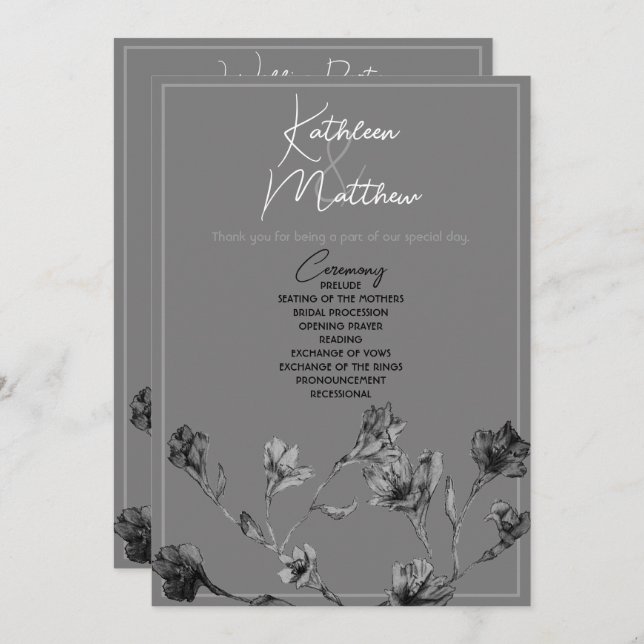 Programa de matrimonio de acuarela floral y gris s (Anverso / Reverso)