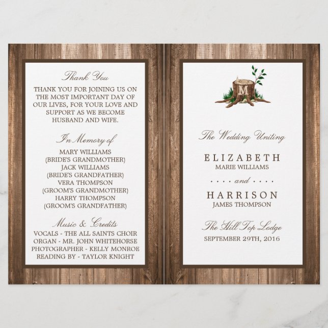 Programa de Matrimonio de Árbol y Madera Monograma (Anverso)