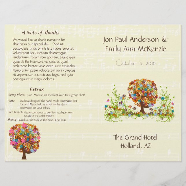 Programa de matrimonio de árboles de flores musica (Anverso)