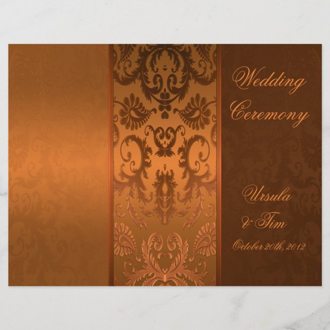 Programa de matrimonio de cobre y damasco marrón (Anverso)
