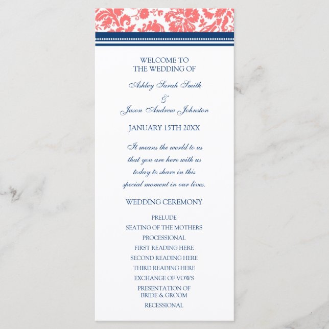 Programa de matrimonio de damasco azul de coral (Anverso)