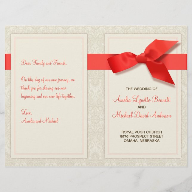 Programa de Matrimonio de Damasco de Coral y Taupe (Anverso)