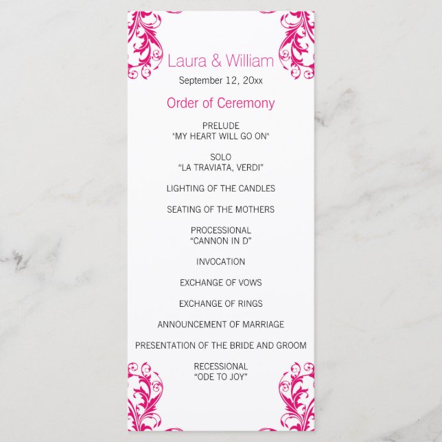Programa de matrimonio de damasco rosa de Fuchsia (Anverso)