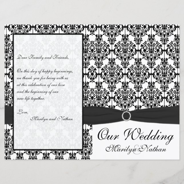 Programa de matrimonio de damascos blancos y negro (Anverso)