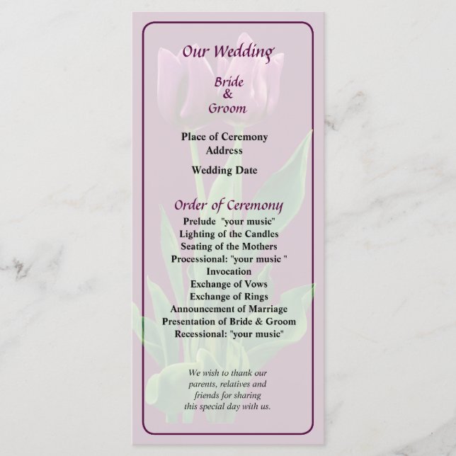 Programa de matrimonio de dos tulipanes morados (Anverso)