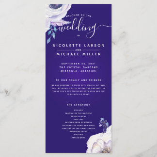 Programa de matrimonio de flores azules y de lino 