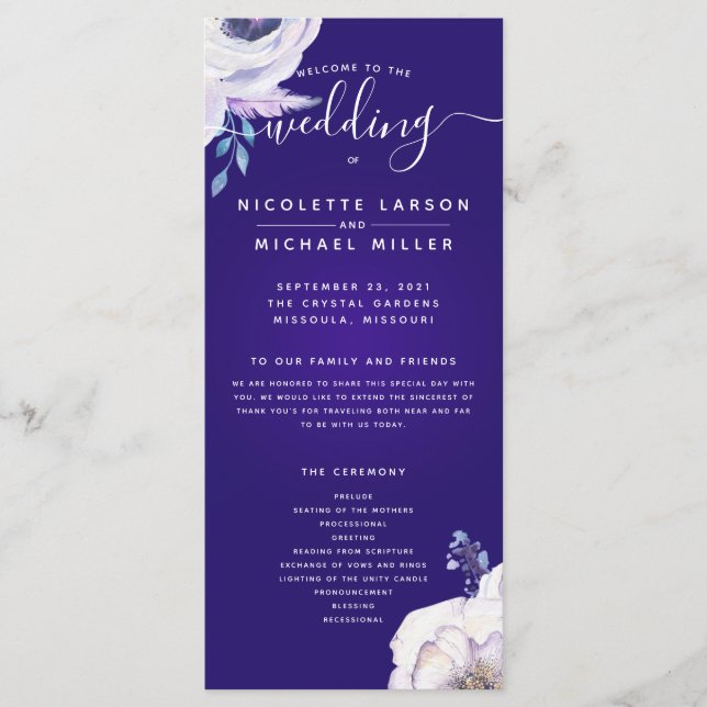 Programa de matrimonio de flores azules y de lino  (Anverso)