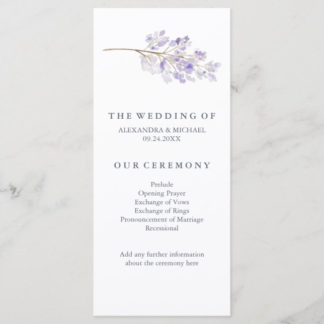Programa de matrimonio de flores moradas y sucursa (Anverso)