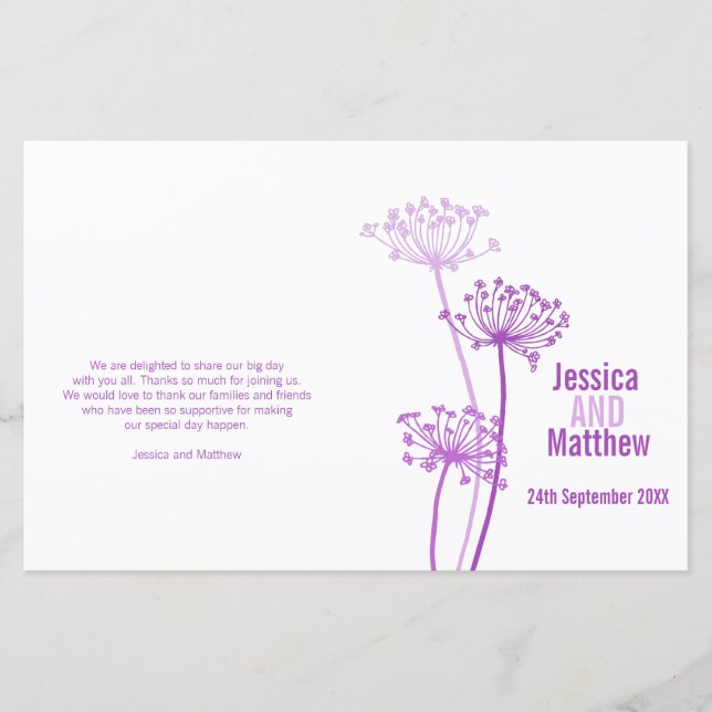 Programa de matrimonio de flores púrpura de Chervi (Anverso)