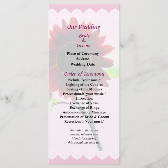 Programa de matrimonio de girasoles de cerezo y ch (Anverso)
