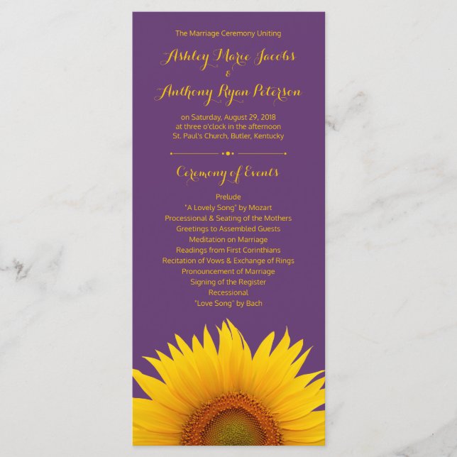 Programa de matrimonio de girasoles morados (Anverso)