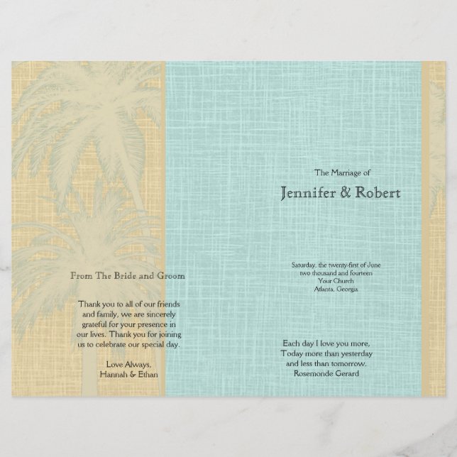 Programa de matrimonio de lino crema y palmeras az (Anverso)