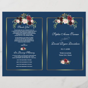 Programa de matrimonio de marco dorado azul de la