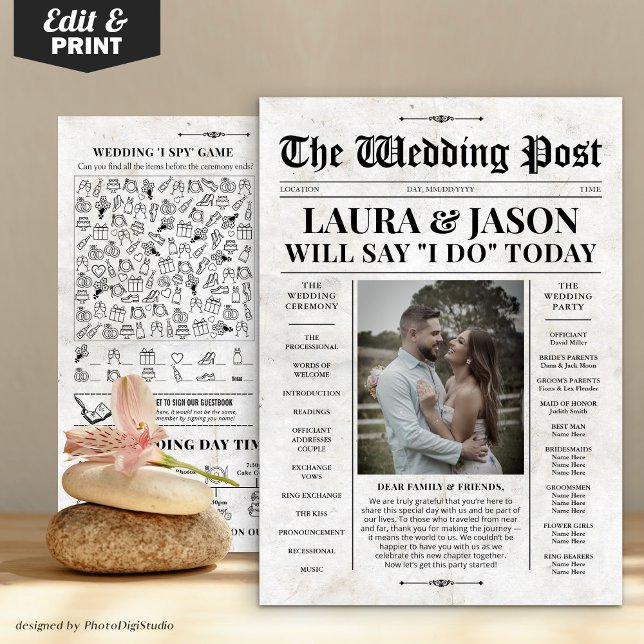 Programa de matrimonio de periódico retro con tarj (Retro Newspaper Wedding Program with Timeline Card)