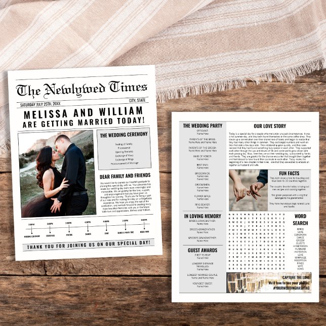 Programa de matrimonio de periódicos Información d (Newspaper Wedding Program Timeline Info Itinerary Flyer)