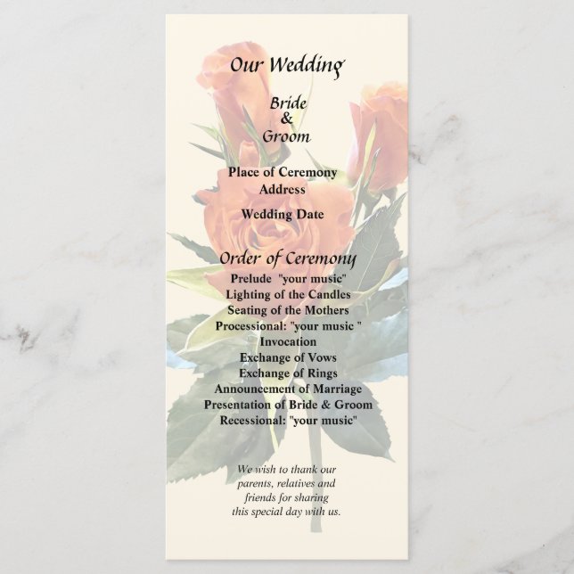 Programa de matrimonio Delicate Naranja Rosebuds (Anverso)