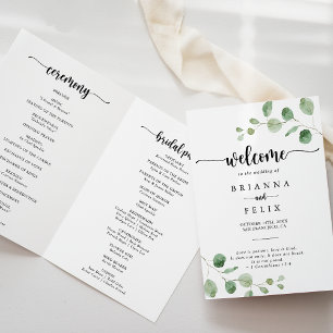 Programa de matrimonio doblado con eucalipto verde
