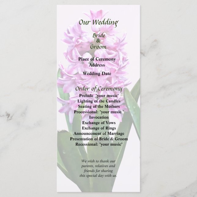 Programa de matrimonio Duo de Pink Hyacinths (Anverso)