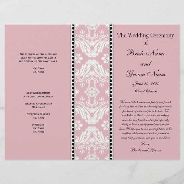 Programa de matrimonio Dusty Rosa White Damask (Anverso)