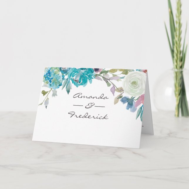 Programa de matrimonio floral azul turquesa y azul (Anverso)