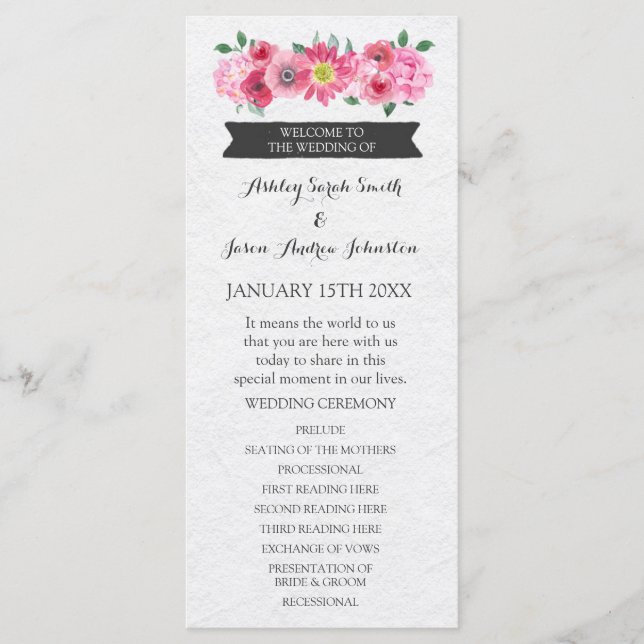 Programa de matrimonio floral de acuarela rosada r (Anverso)
