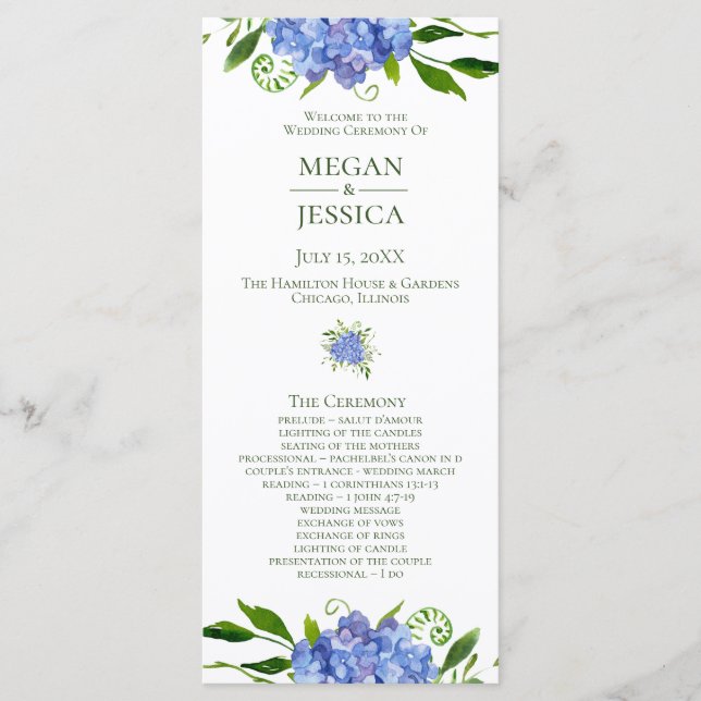 Programa de matrimonio floral LGBTQ Blue Hydrangea (Anverso)