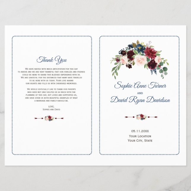 Programa de matrimonio floral Rubor Burgundy Marsa (Frente)