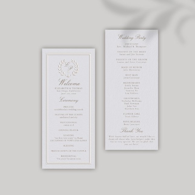 Programa de matrimonio formal clásico de Ancla Náu (nautical wedding program modern classic formal traditional faux embossed anchor crest monograms)